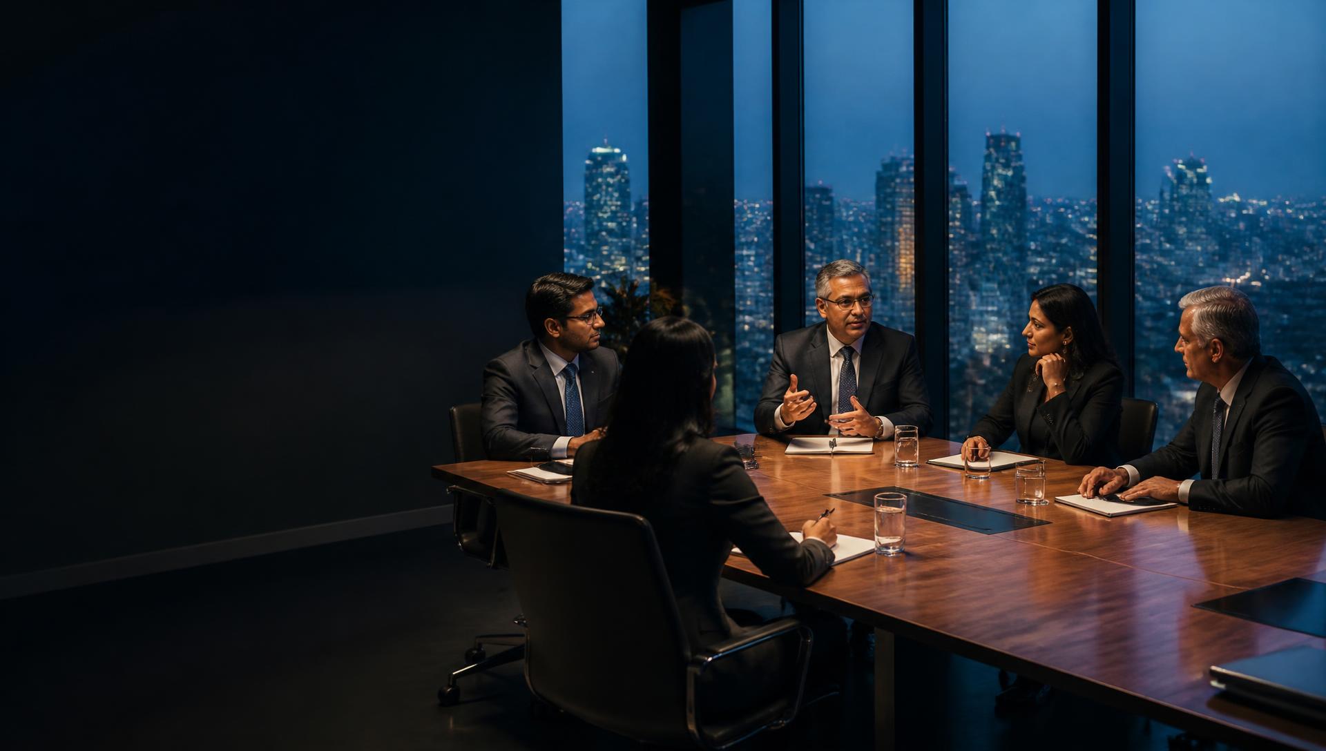 Senior GCC executives in discussion overlooking an Indian city skyline